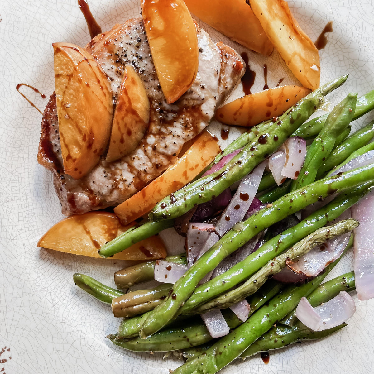 Herb Marinated Pork Chop with Peaches & Green Beans
