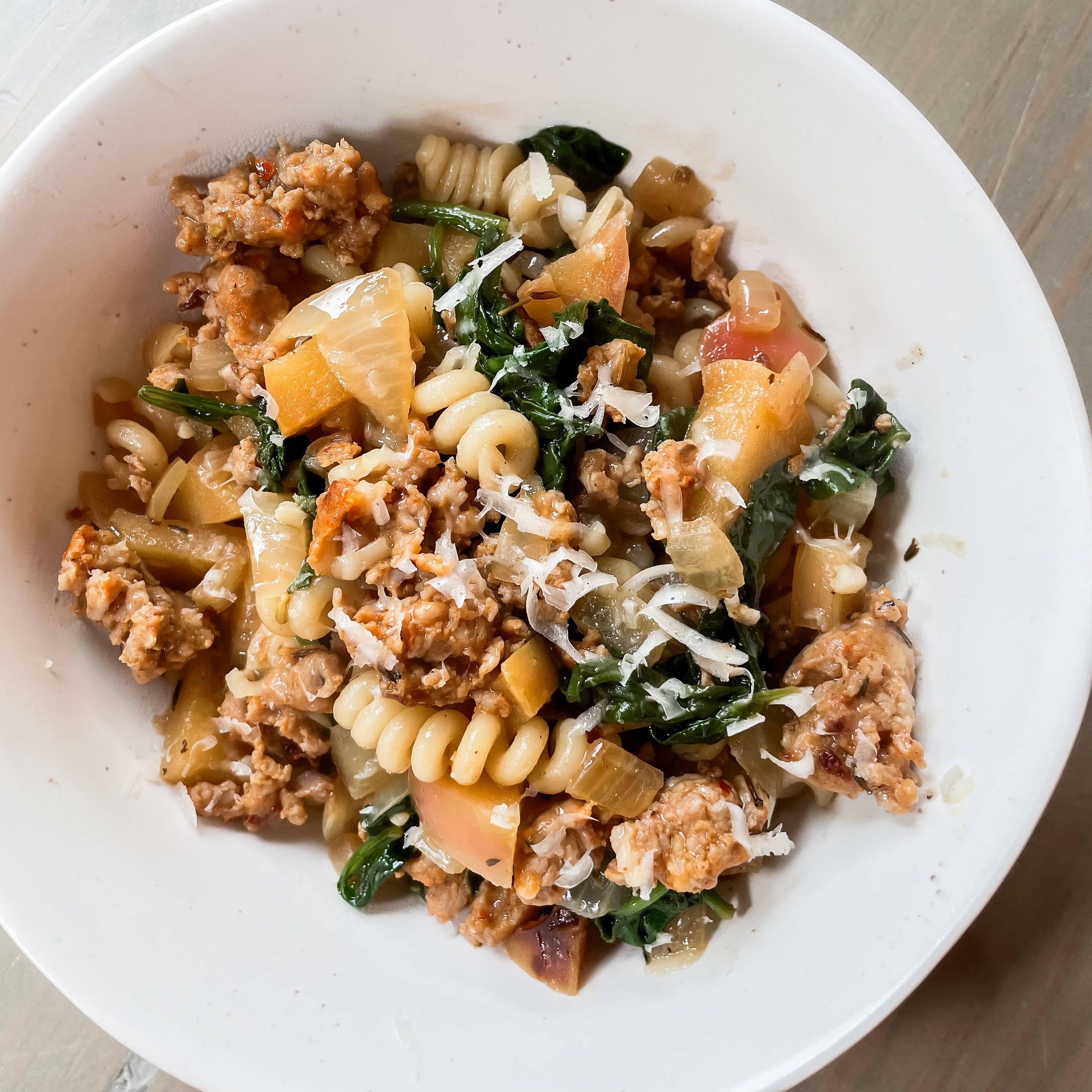 Caramelized Onion, Apple, and Sausage Pasta with Spinach – Brittany ...