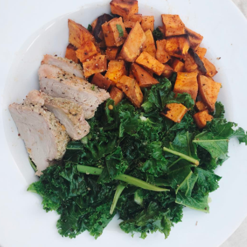 Roasted Pork Loin, Moroccan Sweet Potatoes, Garlicy Kale