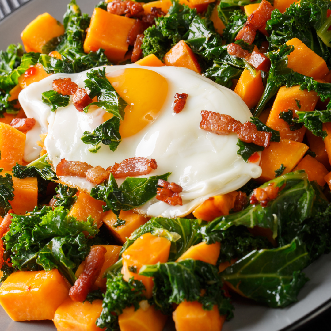 Sweet Potato & Kale Skillet with Bacon and Eggs